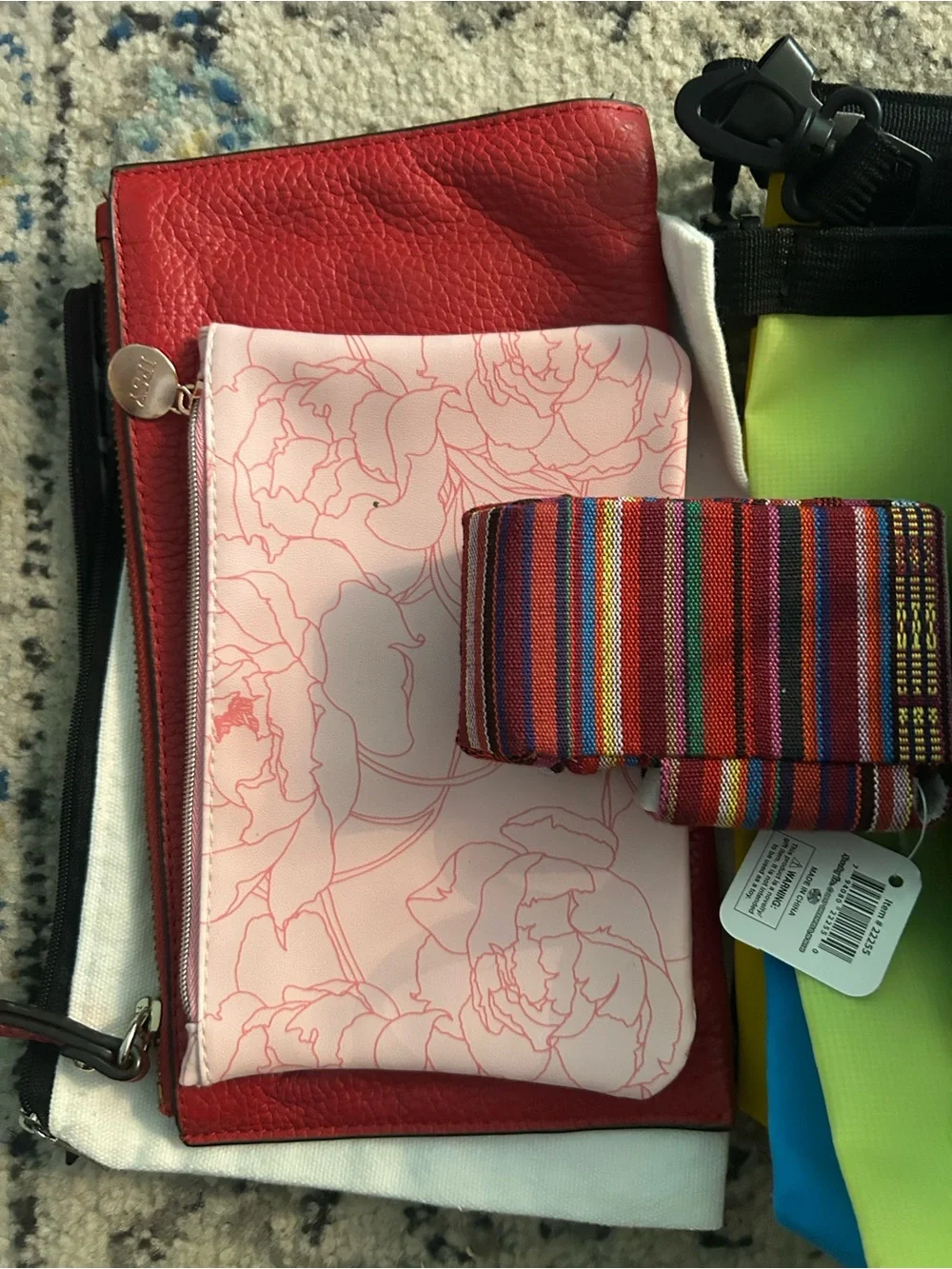 Travel wristlet lot with many different pouches, wallets & dry bags
